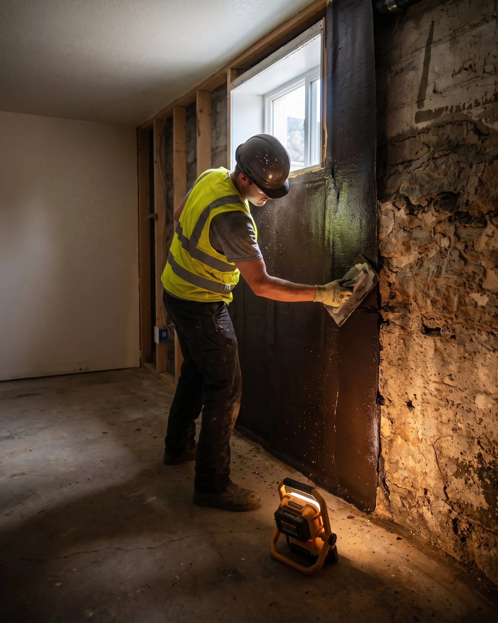 Worker in safety vest applying material to a damp basement wall next to a window, illuminated by a floor light.