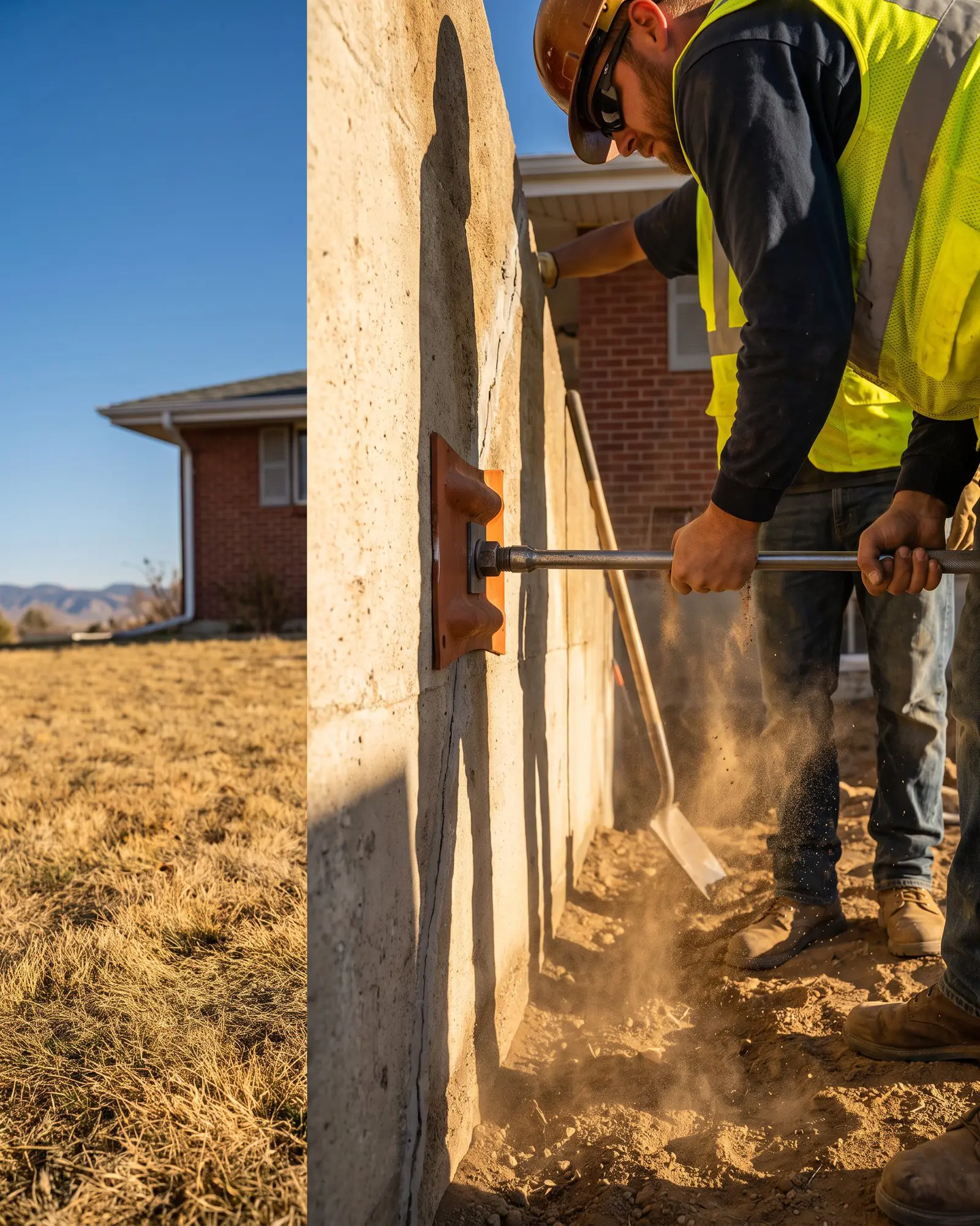 Two workers installing a foundation wall anchor plate with a long rod in dry soil.