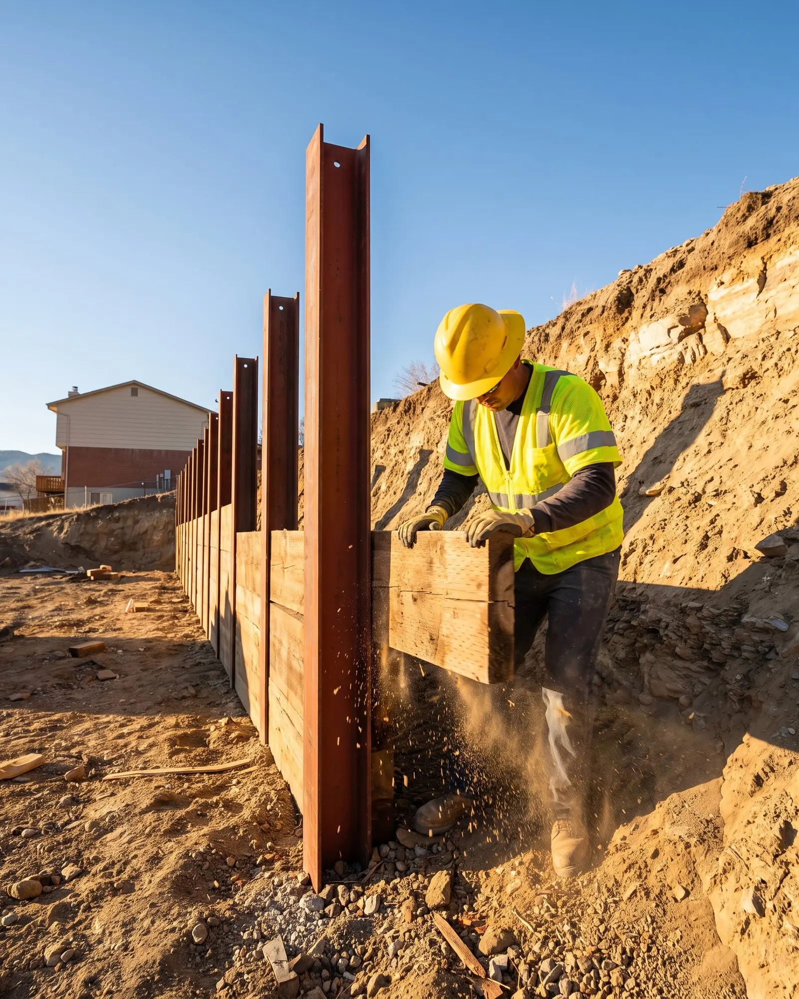 Construction worker installing wooden panels into steel beams for an excavation retaining wall.